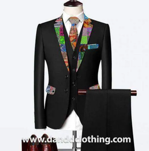 Black 3 Piece 100% Wool African Suits For Men