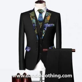 Black 3 Piece 100% Wool Suits For Men Wolf