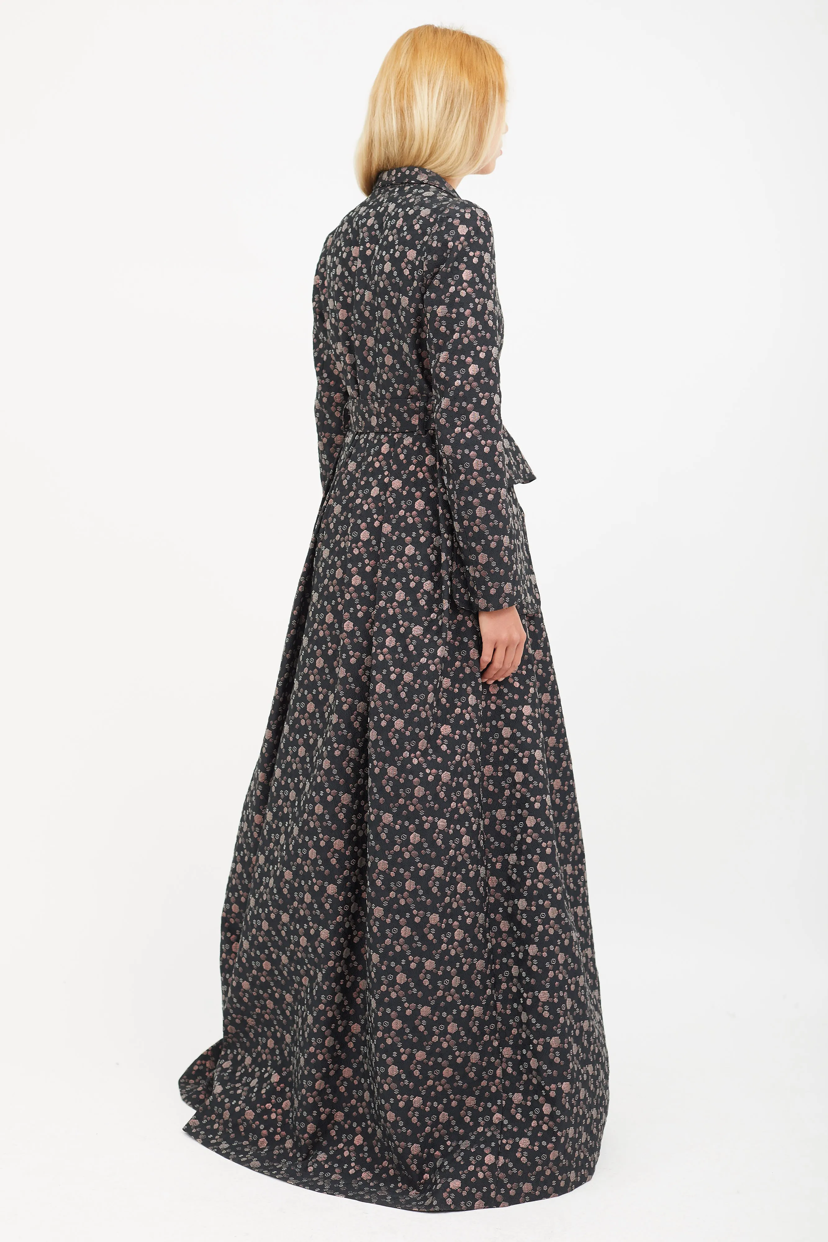 Black & Multicolour Print Jacquard Belted Coat