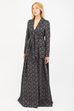 Black & Multicolour Print Jacquard Belted Coat