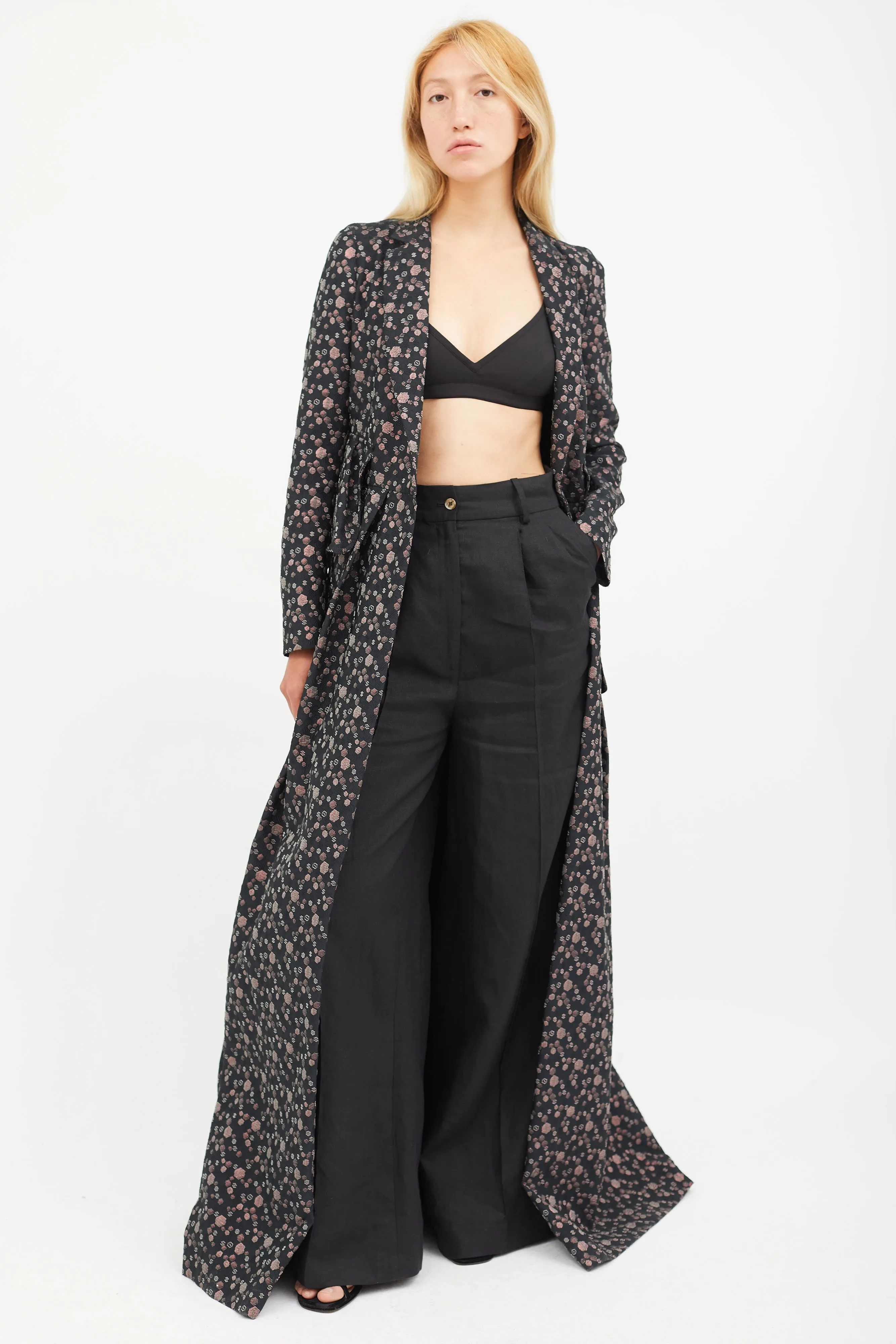 Black & Multicolour Print Jacquard Belted Coat