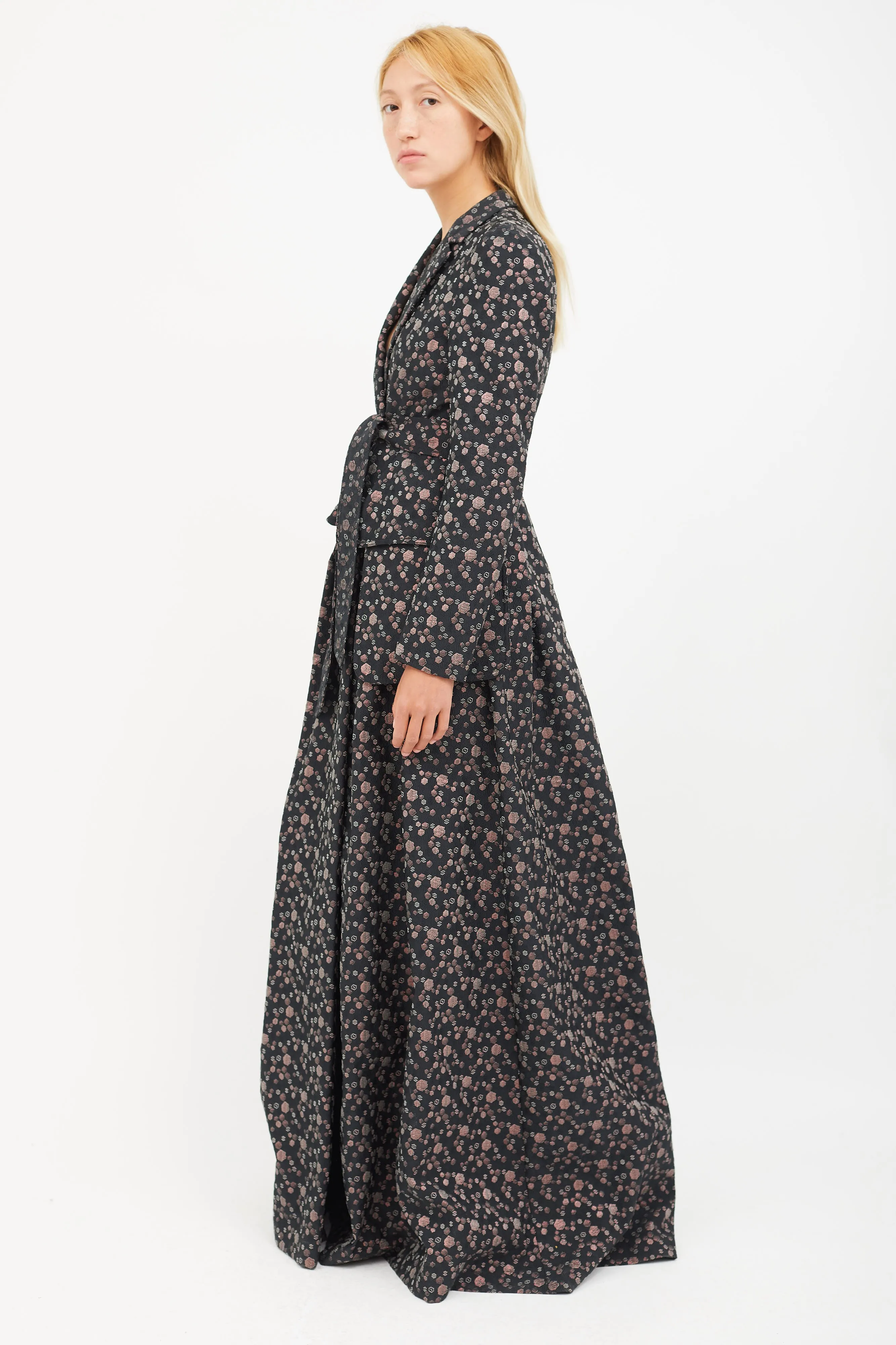 Black & Multicolour Print Jacquard Belted Coat