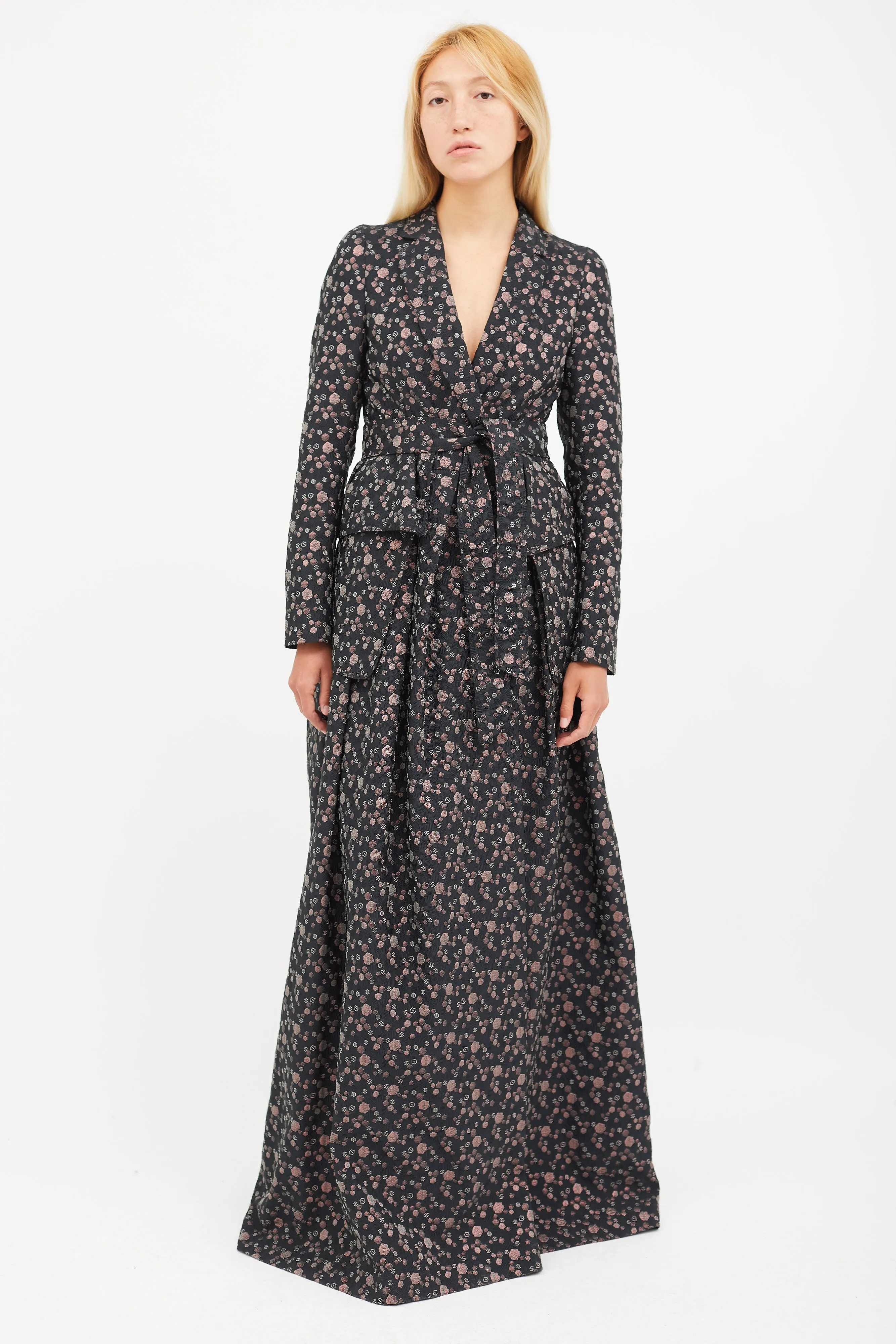 Black & Multicolour Print Jacquard Belted Coat