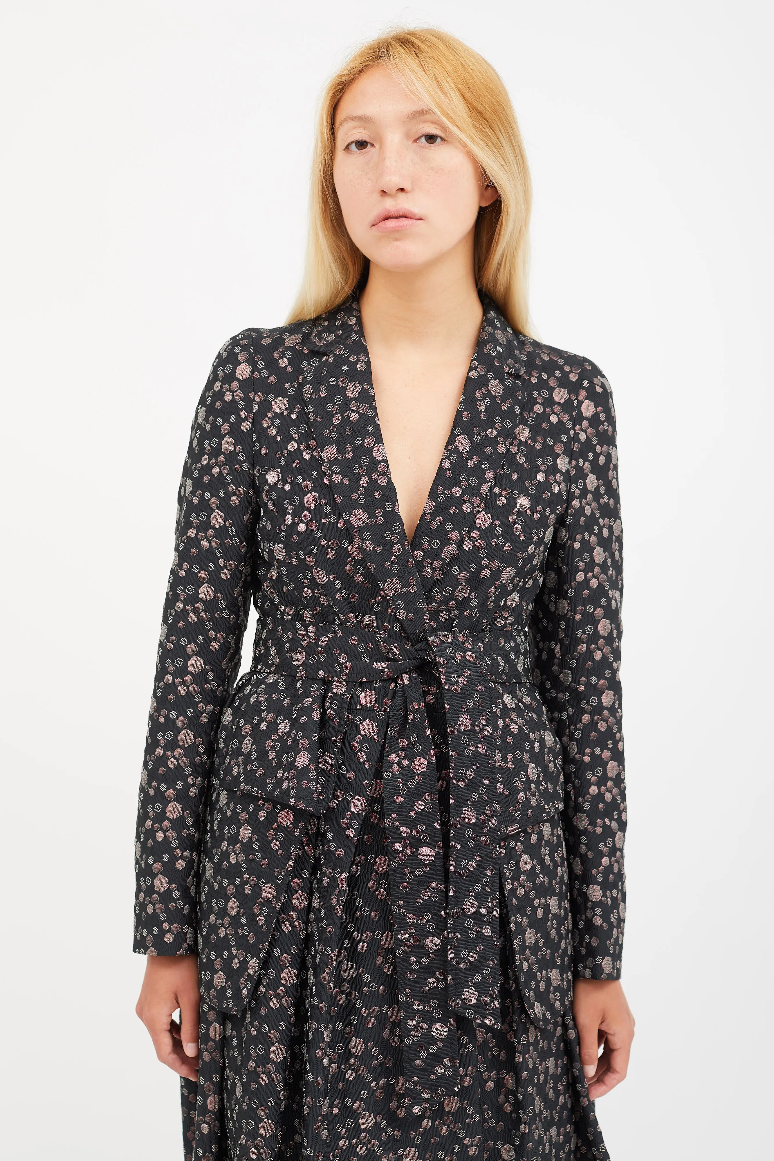 Black & Multicolour Print Jacquard Belted Coat