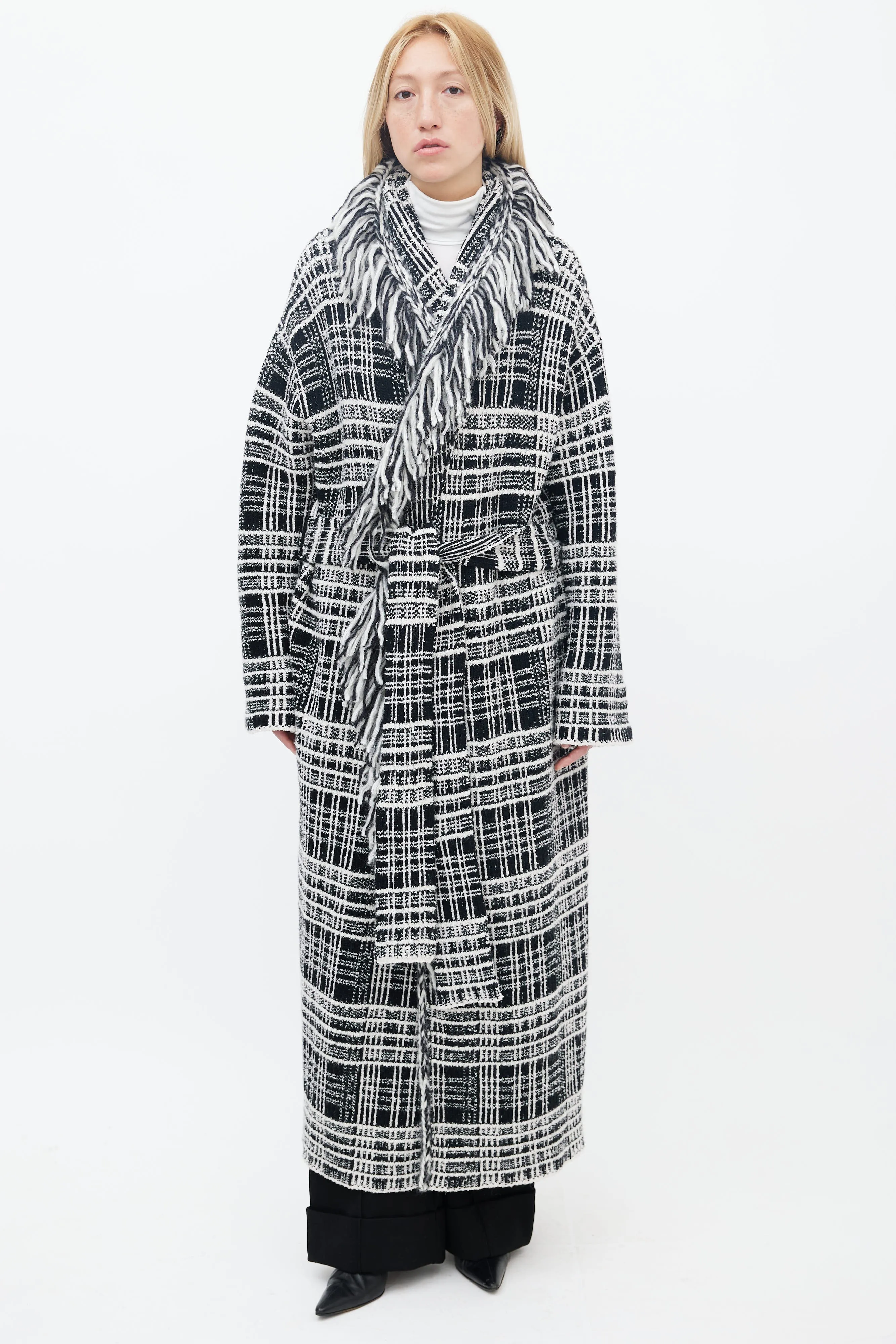 Black & White Tweed Fringe Belted Coat