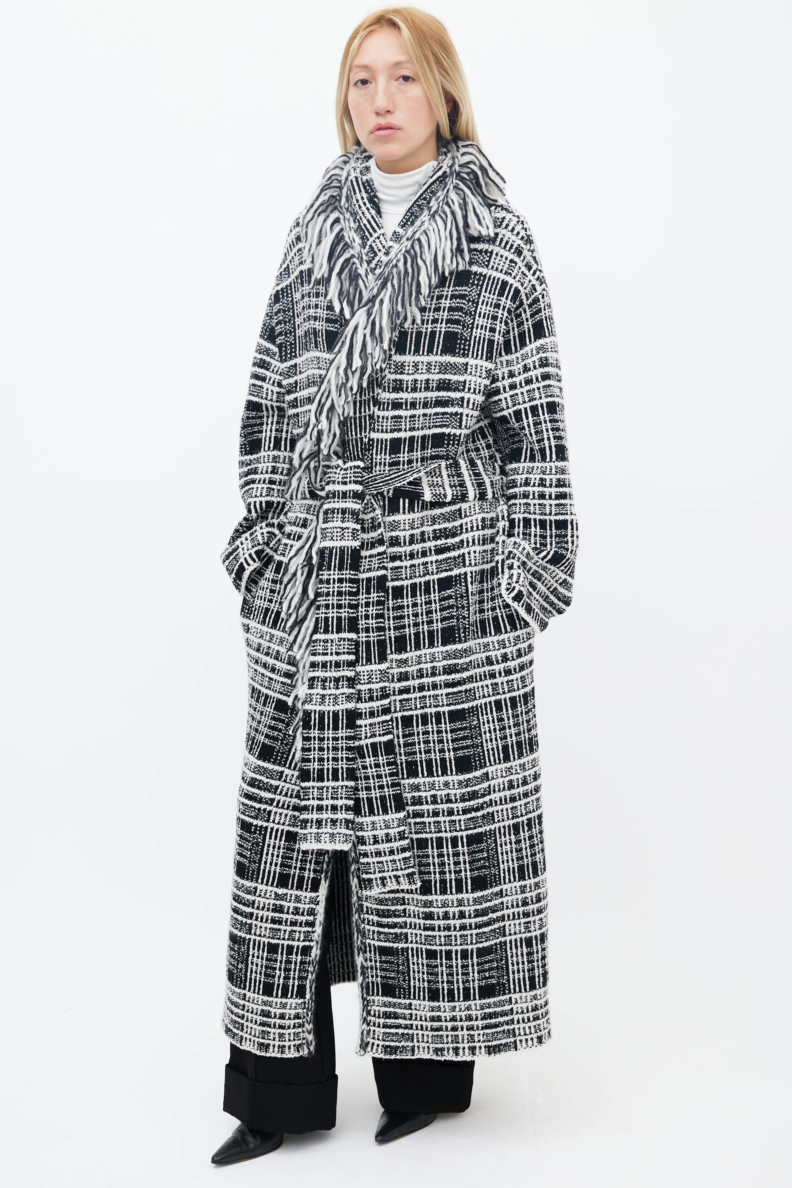 Black & White Tweed Fringe Belted Coat
