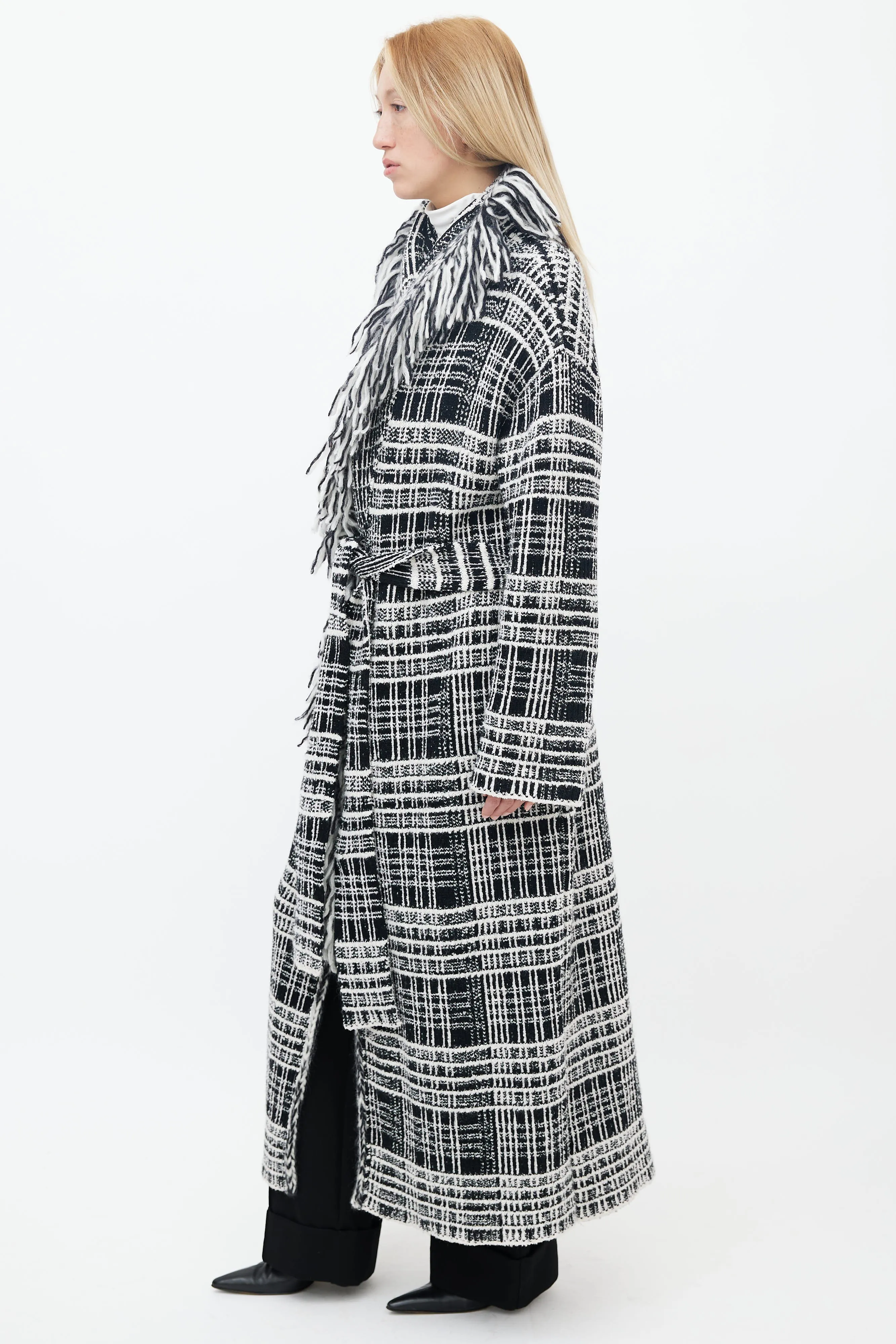 Black & White Tweed Fringe Belted Coat