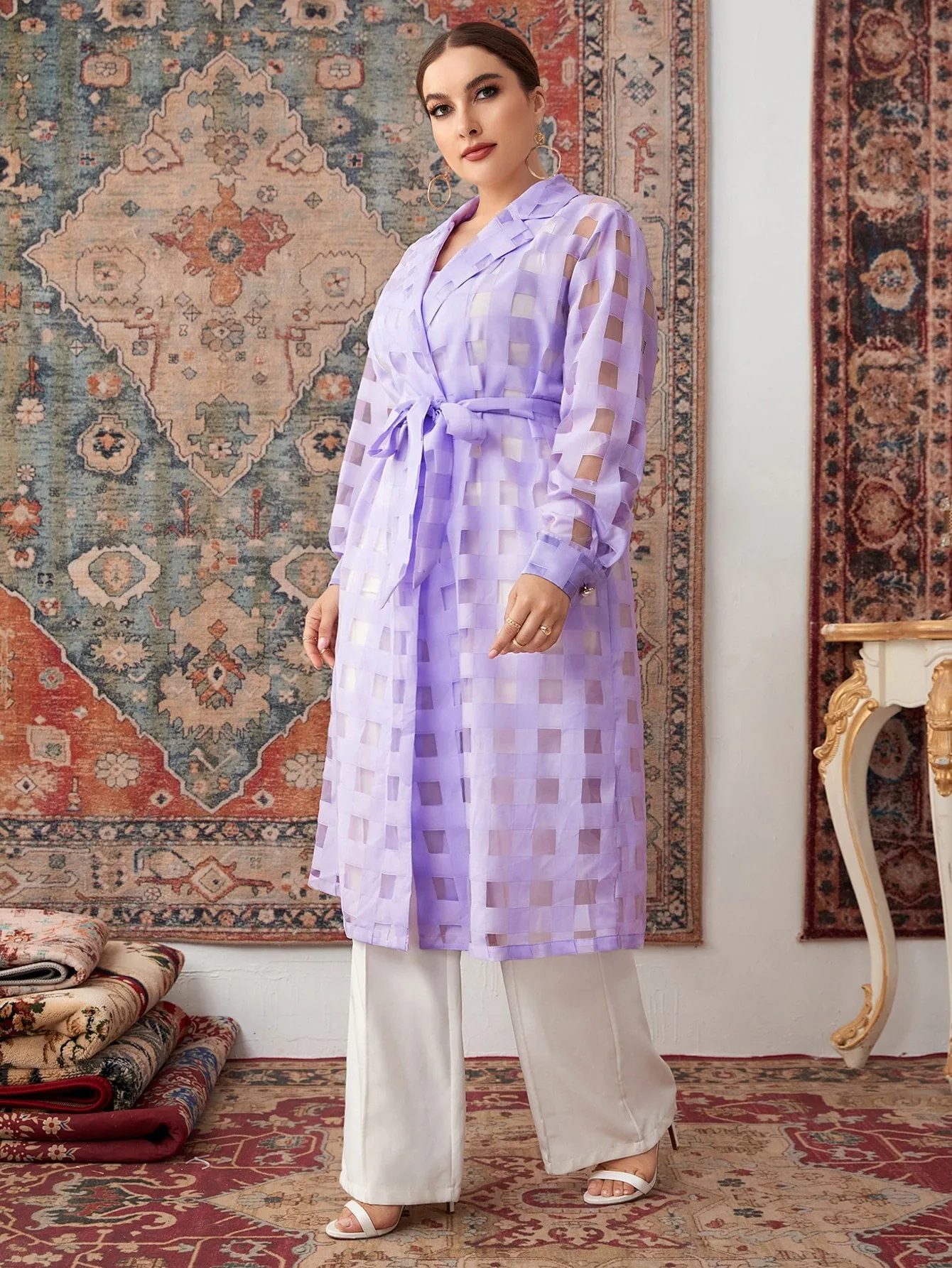 Plaid Belted Long Sleeve Lapel Midi Plus Size Coat