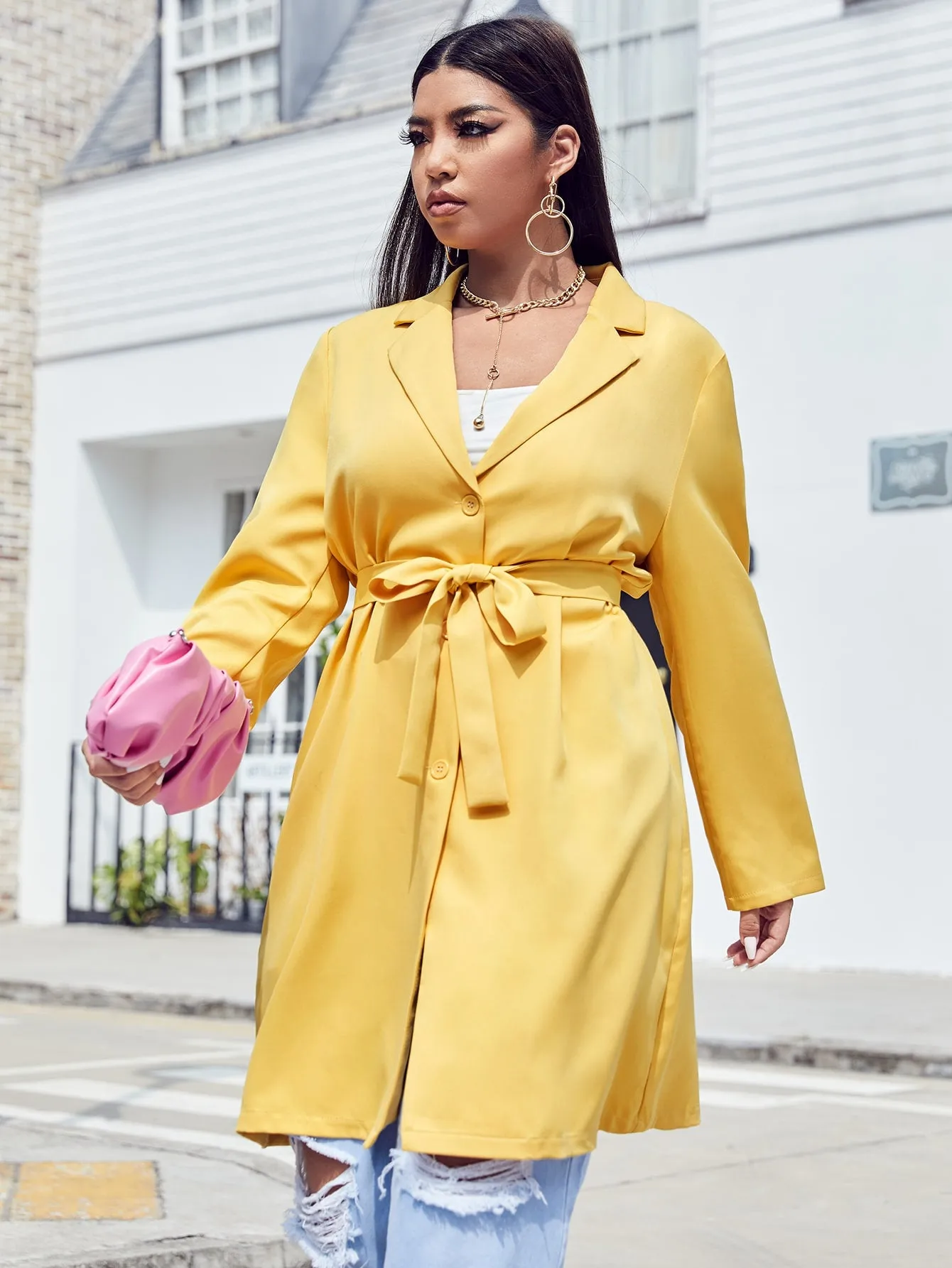 Plain Belted Long Sleeve Lapel Knee Length Plus Size Coat