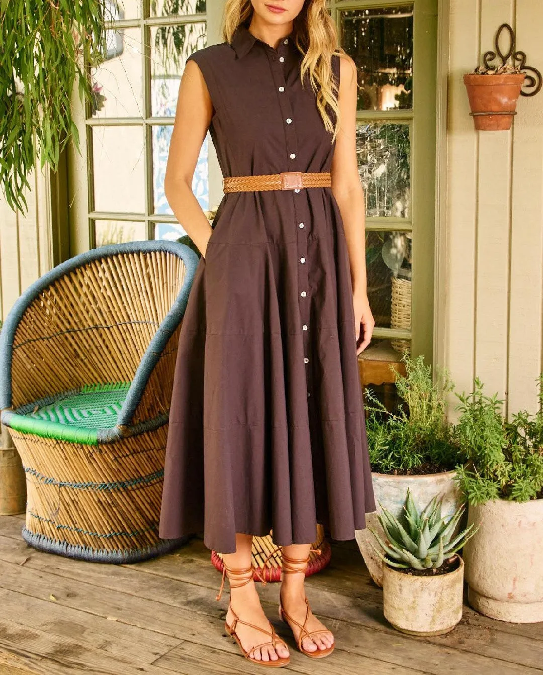 Solid Sleeveless Belted Midi Dress
