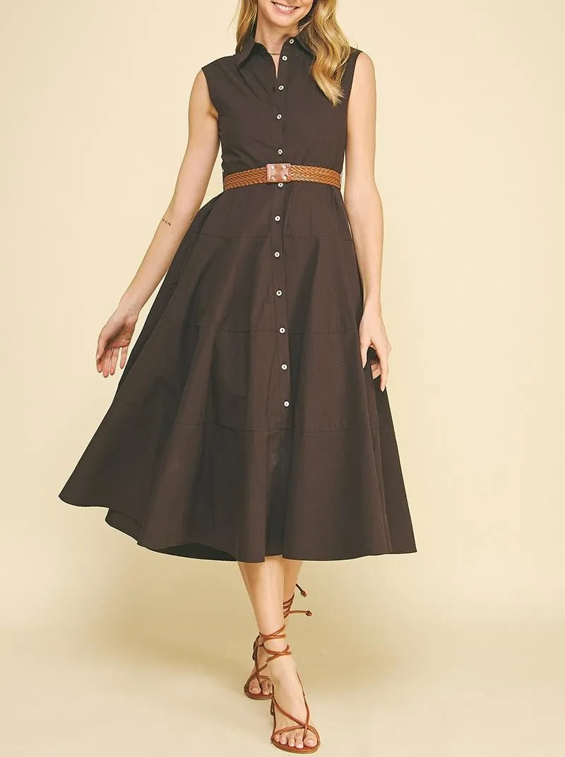 Solid Sleeveless Belted Midi Dress